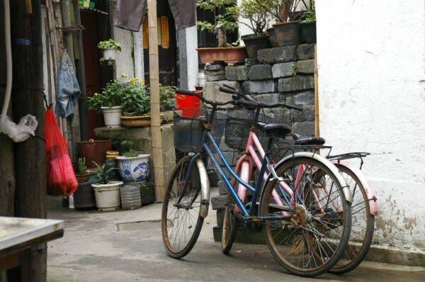 Two slightly weathered bicycles—one pink, and one blue—are parked very close to one another in a narrow alleyway. The walls of the nearby houses are of peeling white painted concrete, and there is an outdoor sink, some hanging laundry, various potted plants and flowers, some bamboo poles, and a few potted bonsai perched on a wall of mossy grey brick.
